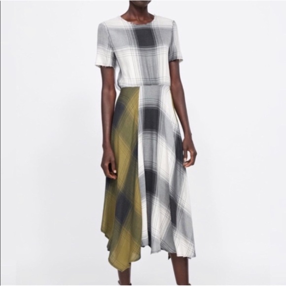 Zara Plaid Patchwork Handkerchief Hem Midi Dress - Picture 3 of 11
